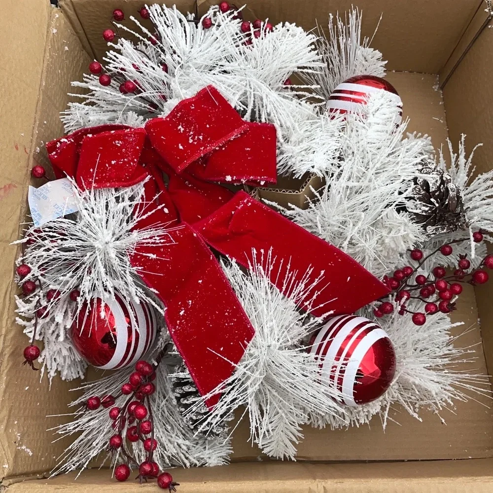 NEW Pinecone and Red Ornaments Christmas Wreath with Red Bow, 28 Inch Wide